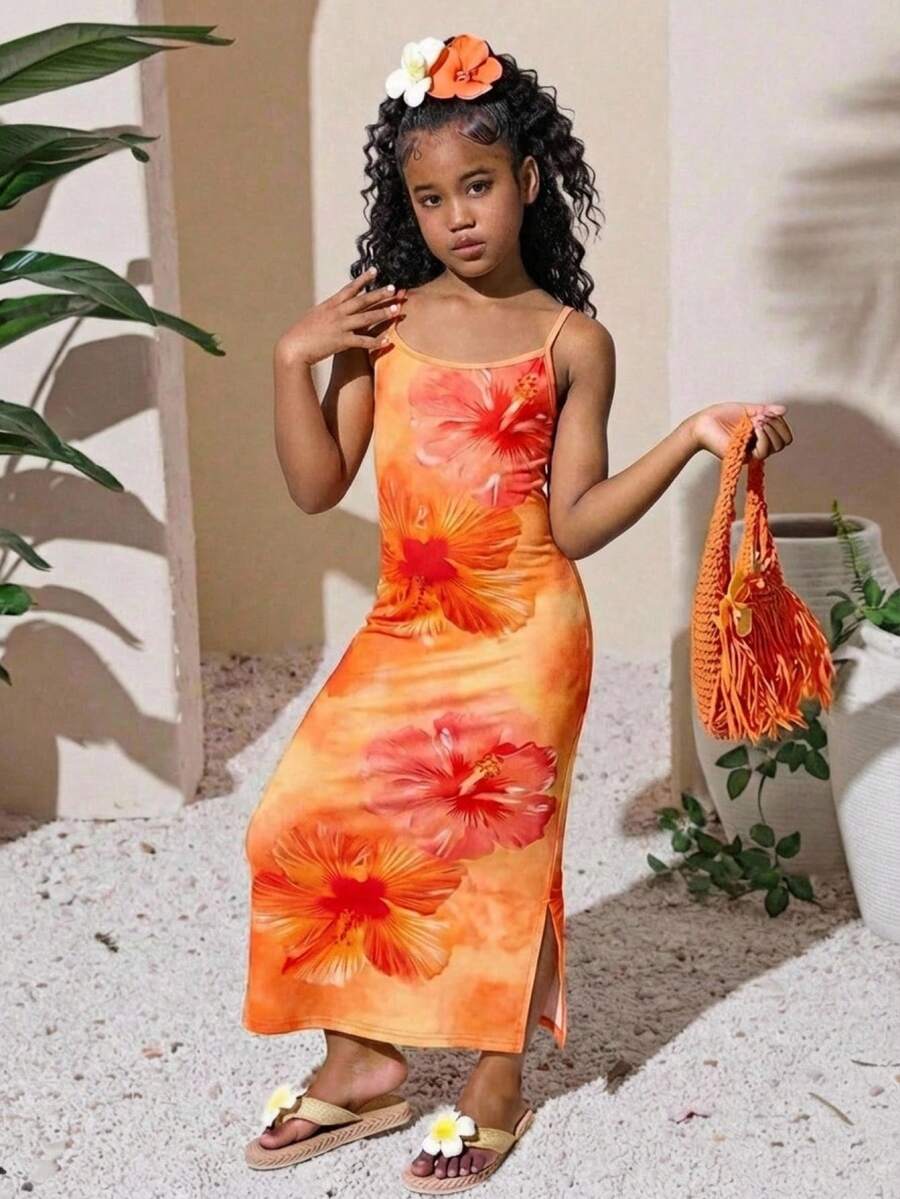 SHEIN Đầm xẻ tà màu đen in họa tiết hoa nhiệt đới dành cho bé gái tuổi teen, thích hợp cho kỳ nghỉ. - Nhiều màu - Xem 1