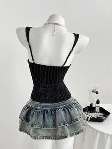 Elamini YK2 Women's Retro Sweet & Spicy Waist Cinched Patchwork Striped Shirred Camisole Top Gyaru Black And White Tops Women's Summer Tops Pinstripe Corset Top Singlet Layered Jewelry Women's Tops For Summer Women's Corset Cute Outfit Trending Outfit Cute Clothes Nice Outfit Women's Summer Outfits Cute Outfits For Women Women Outfit - Black - View 2