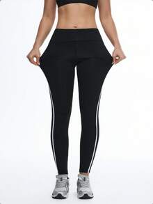 Eassivo Quần legging thể thao dáng ôm, kẻ sọc, thoáng khí, kiểu dáng thường ngày. - màu đen - Xem 5