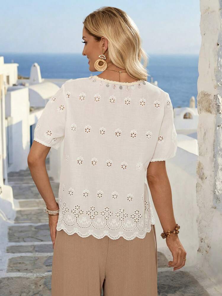 Women's Summer Casual Mesh Embroidered Lace-Up Short Sleeve Blouse