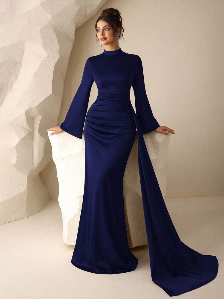 Coutiva Women's Solid Color Pleated Collar Elegant Cinched Waist Formal Evening Gown Women's Sequin Mermaid Formal Evening Gown One Shoulder Formal Dress Purple Women Evening Dress Gowns Glamorous Dress Dress Elegant Gala Dress Elegant Valentines Dress Elegant Dress Sequin Dress Pink Red Dress Floral Dress Valentines Dress Elegant Dress Sequin Dress Floral Dress Luxury Graduation Ceremony, School Opening, Music Festival, Birthday Party, Wedding, Afternoon Tea Gathering, Ball - Navy Blue - View 7