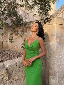 Firerie Đầm maxi nữ kiểu dáng bất đối xứng, cổ khoét sâu, hở lưng, dây mảnh, gợi cảm và thanh lịch, thích hợp cho kỳ nghỉ hè, đi làm, hẹn hò, dự tiệc, đám cưới, lễ tốt nghiệp. - màu xanh lá - Xem 5