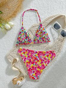 Bộ đồ bơi cho bé gái tuổi teen, kiểu dáng thường ngày, dễ thương, in họa tiết hoa ngẫu nhiên, chất liệu vải dệt kim, áo yếm điều chỉnh được và quần tam giác, 2 món, có thể mặc hai mặt, thích hợp cho mùa hè, đi biển, hồ bơi, tiệc tùng và kỳ nghỉ. - Nhiều màu - Xem 2