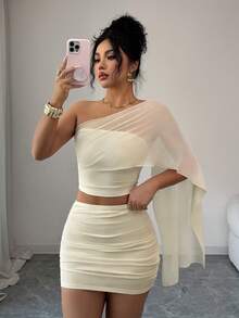 Selianne 性感透视网纱拼接套装，夏季褶皱腰身紧身迷你裙和抹胸露脐上衣两件套 - 杏色 - 查看 8