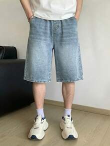 SHEIN 青少年男孩时尚返校节街头服饰混搭百搭设计 Y2K 复古酷炫街头老钱返校节街头服饰混搭百搭设计棉质弹力腰带口袋返校节街头服饰混搭百搭设计牛仔短裤，日常夏季春季锐舞节和海滩穿着 - 藍色 - 查看 7