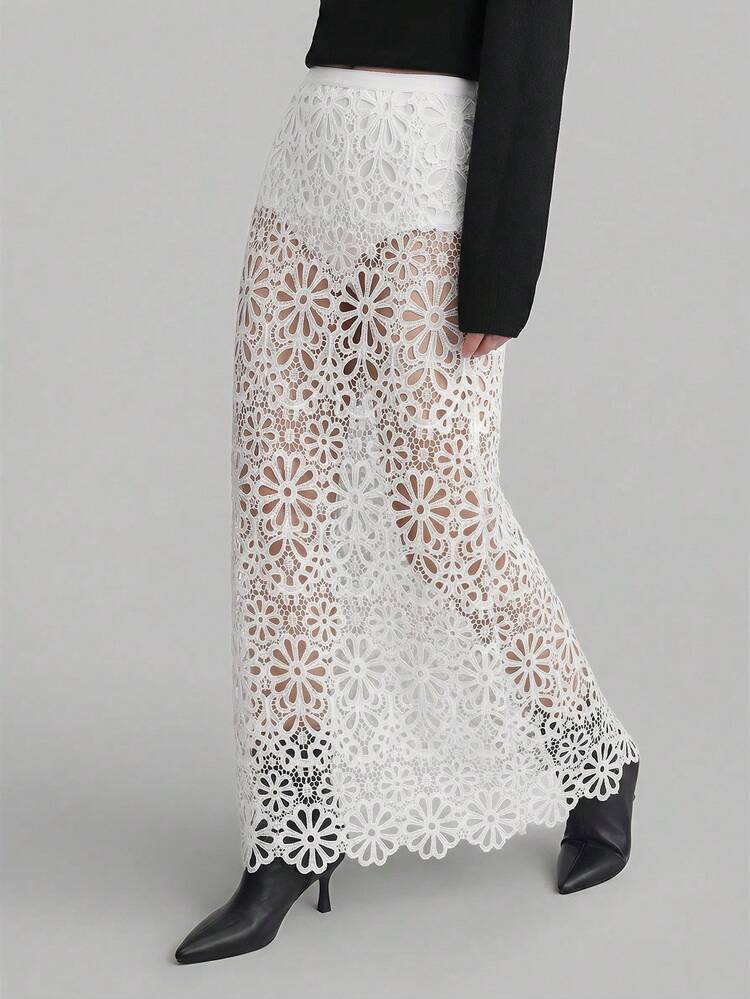 2026 Spring/Summer Hollow-Out Laser Cut Fabric Loose Fit Women's Skirt, Elegant For Parties, High-End Sophisticated Urban Casual Business Commute Attire, Low-Key Vintage Vibe, High-Quality Airport Fashion, Versatile Layering, Suitable For Holidays, Christmas, Parties, Beaches, Offices