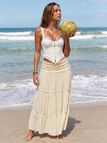Swim Vcay Falda plisada en la cintura con paneles tipo pastel, falda acampanada para uso casual, vacaciones y diario - Amarillo - Ver 6