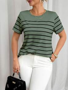 Vionelle Plus Size Round Neck Striped Short Sleeve T-Shirt Graphic Tees Women Tops - Green - View 3