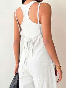 Siren Gaze 女士休闲宽松长款牛仔背带裤/连体裤，蓝色 - 白色 - 查看 2