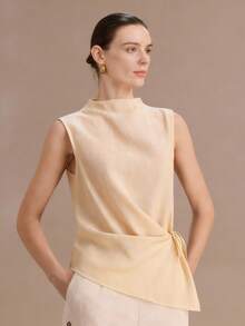 Uhlyne Áo kiểu nữ thanh lịch, không tay, chất liệu giả vải lanh, thắt nơ phía trước, xếp ly, thích hợp cho mùa xuân, hè và thu. - Vàng nhạt - Xem 4
