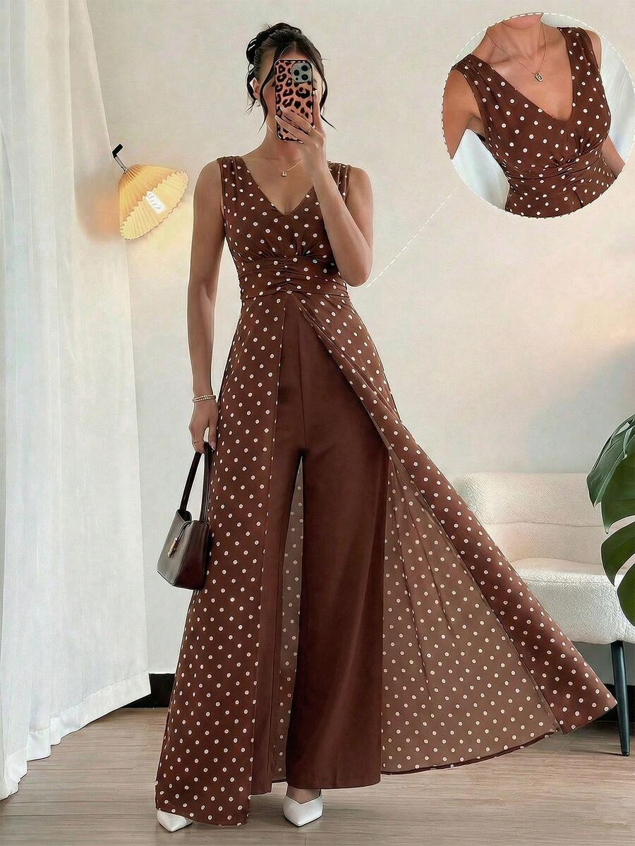 Rafferiza Bộ jumpsuit ống rộng bằng chiffon đính ngọc trai, cổ chữ V, eo xếp ly, thanh lịch, thích hợp làm trang phục dự tiệc cưới, màu tím. - Cà phê nâu - Xem 1