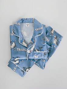 2pcs Young BoyCute Shark Graphic Print Short Sleeve Polo Collar Cardigan And Pants Casual Comfortable Homewear Set - Blue - View 7