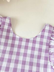 SHEIN Baby Girls' Casual Cute Plaid Bow Ruffle Hem Dress, Suitable For Spring/Summer Outings, Vacations, Parties, Birthdays And Daily Wear - Purple - View 7