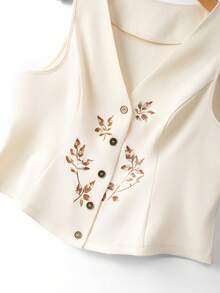 GlowEve CURVE Plus Size Women's White Elegant Summer Flowy Everyday V-Neck Metal Button Sleeveless Leaf Embroidery Blouse,French Chic Vintage Vest Tops For Work - Apricot - View 5