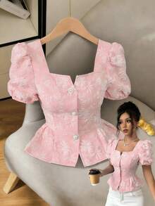 Elenzga Women's Pink And White Summer Elegant Dates Resort-Style Textured Fabric Square Neck Puff Sleeve Shirt With Ruffle Hem,Versatile For Commute,Party - Pink - View 4