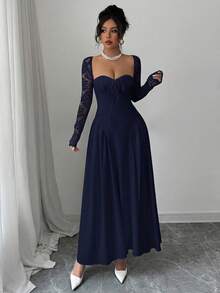 SHEIN LUNE 节日礼服派对舞会白色蕾丝长袖公主蓬蓬裙性感长裙；春夏女装；节日派对礼服；新年夜礼服；新年女士服装；情人节长裙；黑白拼接；毕业礼服；单身派对服装；锐舞派对服装；优雅礼服；婚礼宾客礼服；女士派对礼服；优雅女士正式礼服；长袖晚礼服 - 藏蓝色 - 查看 5