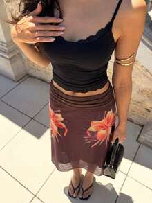 Aloruh 女士印花褶裥优雅通勤裙 - 棕色 - 查看 10