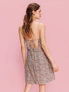 lacRébo 印花中长连衣裙，荷叶边细节，露背设计，春夏可爱度假连衣裙，法式巴黎风情假日连衣裙 - 彩色 - 查看 2