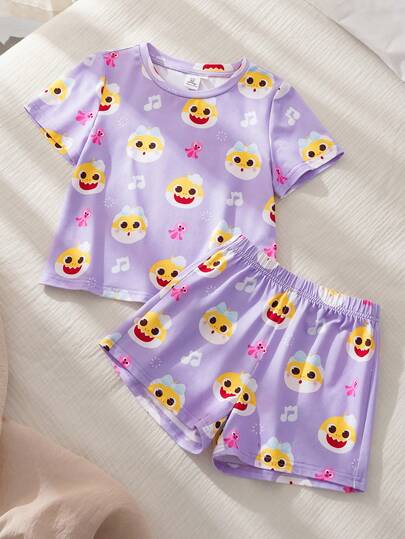 BABY SHARK X SHEIN 卡通印花短袖上衣和短裤睡衣套装，适合小女孩