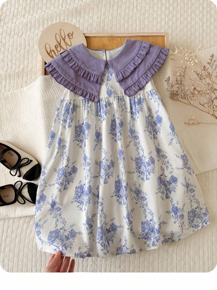 SHEIN 少女粉色碎花彼得潘领休闲度假连衣裙,夏季 - 淡紫色 - 查看 1