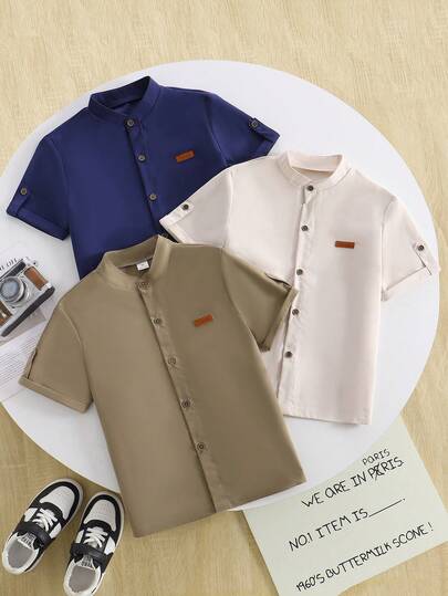 SHEIN 3pcs/Set Boys' Casual Multi-Color Collared Shirt, Suitable For Daily, Commute, Vacation Wear, Minimalist Texture, Comfortable
