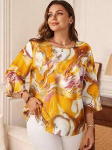 EMERY ROSE Camisa de manga larga con cuello redondo y estampado minimalista para tallas grandes - Amarillo - Ver 1