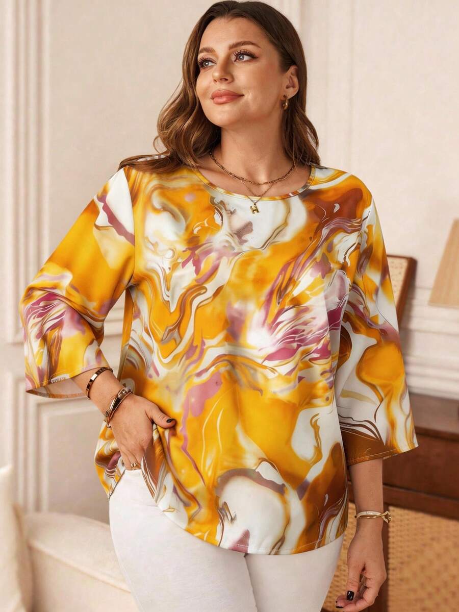 EMERY ROSE Camisa de manga larga con cuello redondo y estampado minimalista para tallas grandes - Amarillo - Ver 1