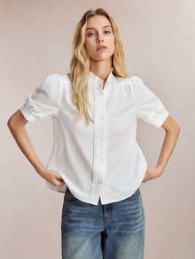 BizChic White Round Neck Short Sleeve Shirt, Business Formal, Vacation Style, Slouchy, Commute, Date, Daily, Vacation, Office, Independence Day, Graduation Season, Music Festival, Slimming, Elegant, Versatile, Summer, Party, Wedding Guest, Outing, Beach, Gathering, Social, Holiday, Shopping, Afternoon Tea, Travel, Minimalist - White - View 5