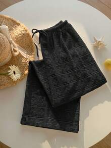 SHEIN Comfortcana Quần nữ ống rộng dáng suông, màu đen, có dây rút ở eo, in họa tiết, kiểu dáng thường ngày, năm 2026. - màu đen - Xem 7