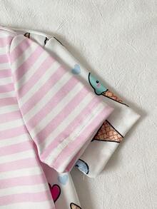 SHEIN 春夏软萌四件套女童幼儿套装，可爱甜美冰淇淋爱心条纹印花，休闲舒适柔软修身短袖短裤家居服套装 - 粉色 - 查看 4
