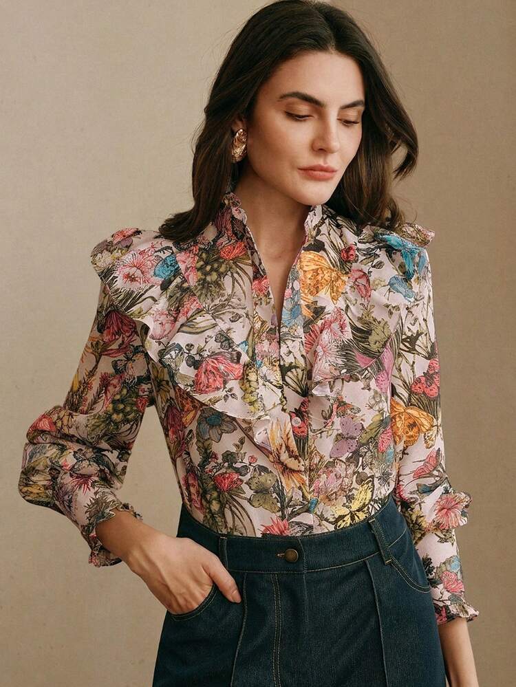 Spring/Summer New Arrival Elegant Floral & Butterfly Print Stand Collar Ruffle Trim Long Sleeve Women Blouse