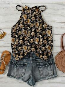 SHEIN LUNE Áo tank top cổ yếm cho nữ, họa tiết hoa vintage giản dị, thích hợp cho mùa xuân và mùa hè. - Nhiều màu - Xem 2