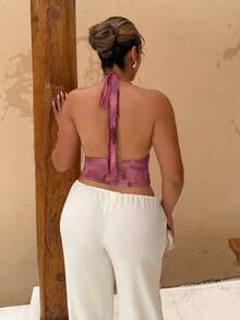 Maria Perezxox 女士随机印花优雅系带夏季性感上衣，露背吊带衫，适合海滩、毕业早午餐、圣帕特里克节、春假、复活节、音乐节等场合，尽显优雅波西米亚热带风情 - 粉色 - 查看 2