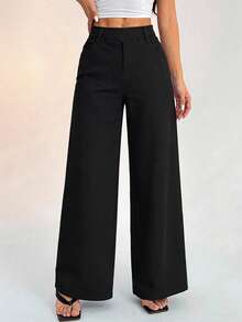 SHEIN PETITE 女士夏季休闲高腰阔腿牛仔裤，黑色弹力牛仔宽松宽松裤，带口袋，完美打造街头风和度假造型。女士高腰口袋阔腿宽松休闲牛仔裤。 - 黑色 - 查看 6