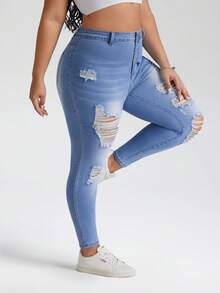 SHEIN PETITE CURVE Quần jeans nữ cỡ lớn PETITE CURVE mùa hè 2026, kiểu dáng thường ngày, thoải mái, chất liệu co giãn tốt, màu xanh rách nhẹ, ôm sát, gợi cảm. - Màu xanh lam - Xem 4
