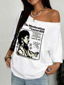 INAWLY Áo thun ngắn tay in họa tiết lệch vai dành cho nữ cỡ lớn - trắng - Xem 3