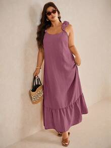 Elaquor 大码休闲碎花蕾丝吊带宽松A字连衣裙 - 酒紅色 - 查看 6