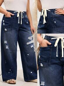 EMERY ROSE Plus Size Women Street Casual Light Blue Non-Stretch Distressed Jeans - Dark Wash - View 3