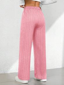 SHEIN PETITE 夏季休闲纹理阔腿七分裤 - 粉色 - 查看 3