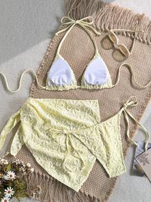Swim Mod Women's Summer Beach Vacation Sweet Yellow Floral Bikini  With Beach Skirt , Suitable For Beach, Vacation - Yellow - View 2