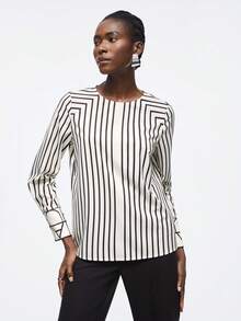 SHEIN BIZwear 女士竖条纹圆领衬衫，都市通勤办公商务休闲优雅正式上衣 - 彩色 - 查看 5