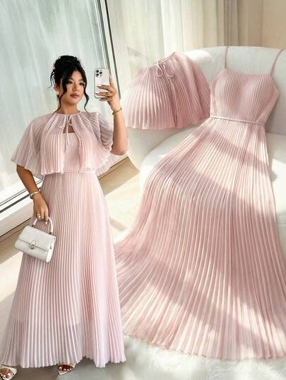 Elenzga Đầm chiffon hai mảnh dáng chữ A, eo cao, thanh lịch, sang trọng dành cho phụ nữ cỡ lớn, thích hợp dự tiệc cưới, tiệc tùng, tiệc cưới.
