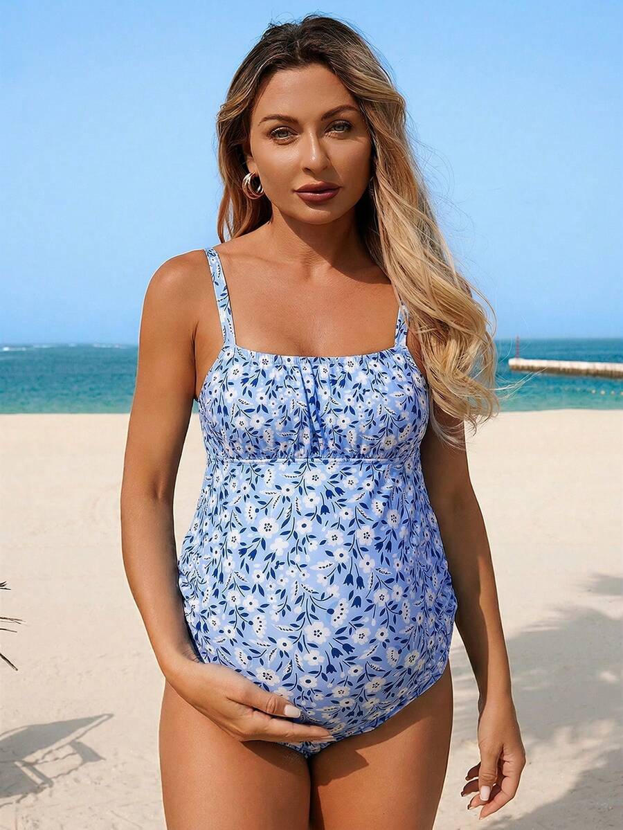 SHEIN 孕妇印花连体泳衣，度假必备 - 藍白色 - 查看 1
