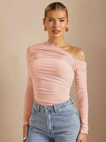 SHEIN BAE Women's Solid Color Minimalist Daily Wear One-Shoulder Asymmetric Ruched Sheer Bandeau Tight Fitting T-Shirt - Pink - View 6