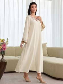 Yasmyna Women Summer Al-Adha Cream 3D Floral Embroidered Maxi Dress,Elegant V-Neck Long Sleeve Arabic Abaya,Modest Flowy A-Line Spring Wedding Guest Gown - Apricot - View 6