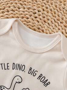 SHEIN Bộ áo liền quần và quần in hình khủng long cho trẻ sơ sinh - Màu Khaki - Xem 6