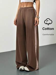 SHEIN PETITE 阔腿撞色侧缝慢跑裤，休闲、机场、居家、返校、秋季、圣诞节、冬季、感恩节皆宜 - 棕色 - 查看 8