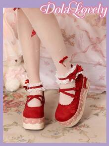 Dola Lovely 女士蝴蝶结装饰休闲百搭搭扣设计坡跟厚底鞋 - 紅色 - 查看 5