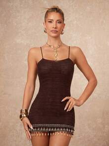 Lumalex 女士纯色吊坠装饰休闲度假约会针织吊带裙 - 棕色 - 查看 1