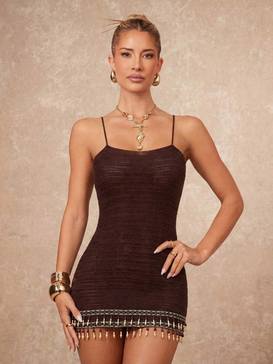 Lumalex 女士纯色吊坠装饰休闲度假约会针织吊带裙 - 棕色 - 查看 1